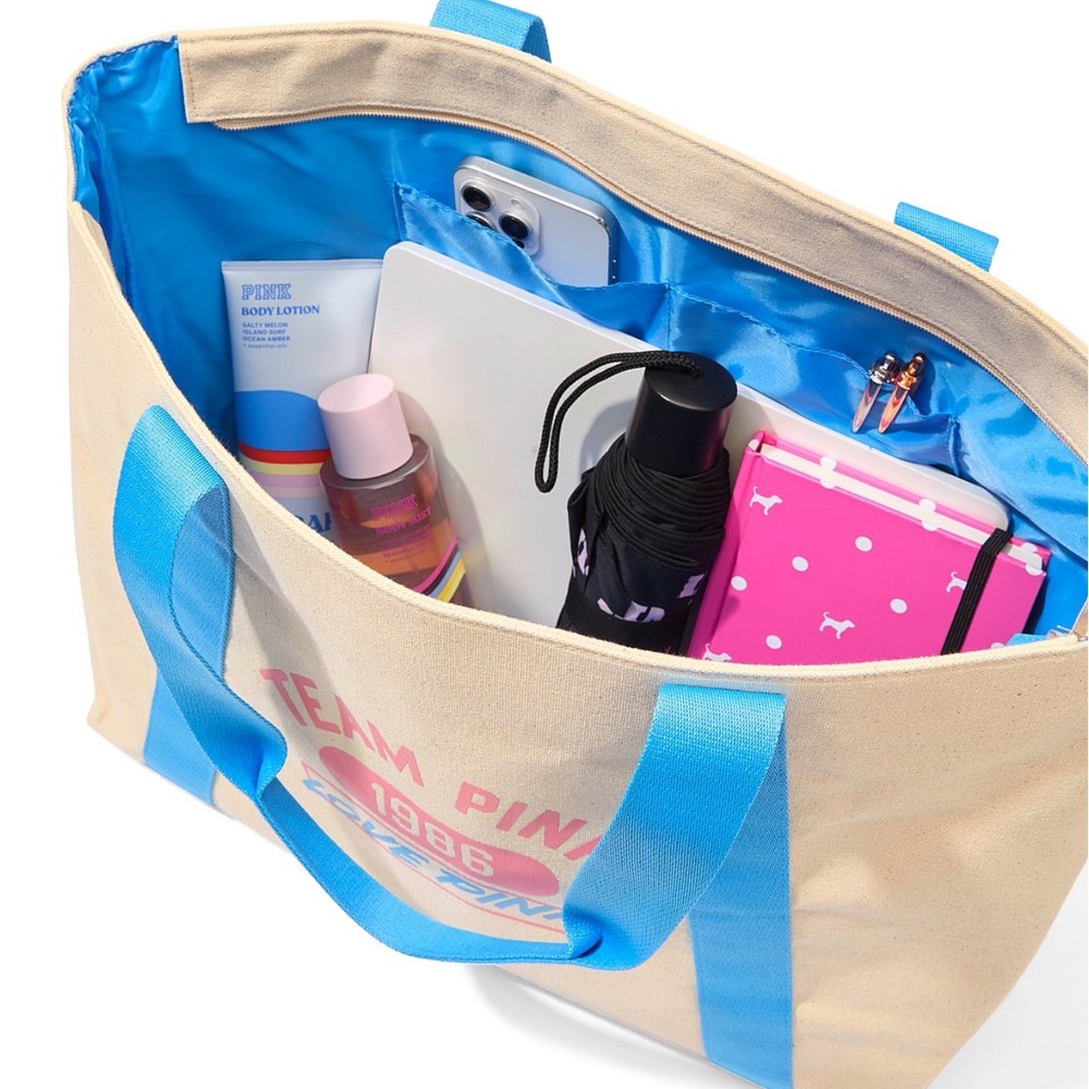 PINK Victoria's Secret Cream Canvas Tote with Bright Blue Straps - Picture 3 of 3